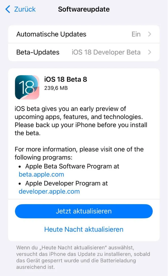 兴城苹果手机维修分享苹果 iOS / iPadOS 18 开发者预览版 Beta 8 发布 